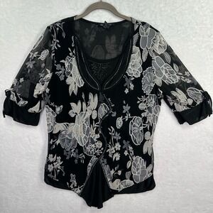 Appointments‎ Top Womens 1X Black Floral Mesh Sheer Layered Rhinestone SY-03X